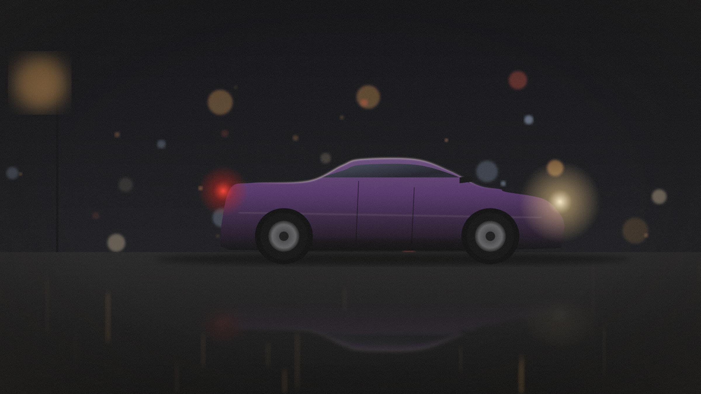 A purple Nissan Silvia S15 parked on a wet street at night